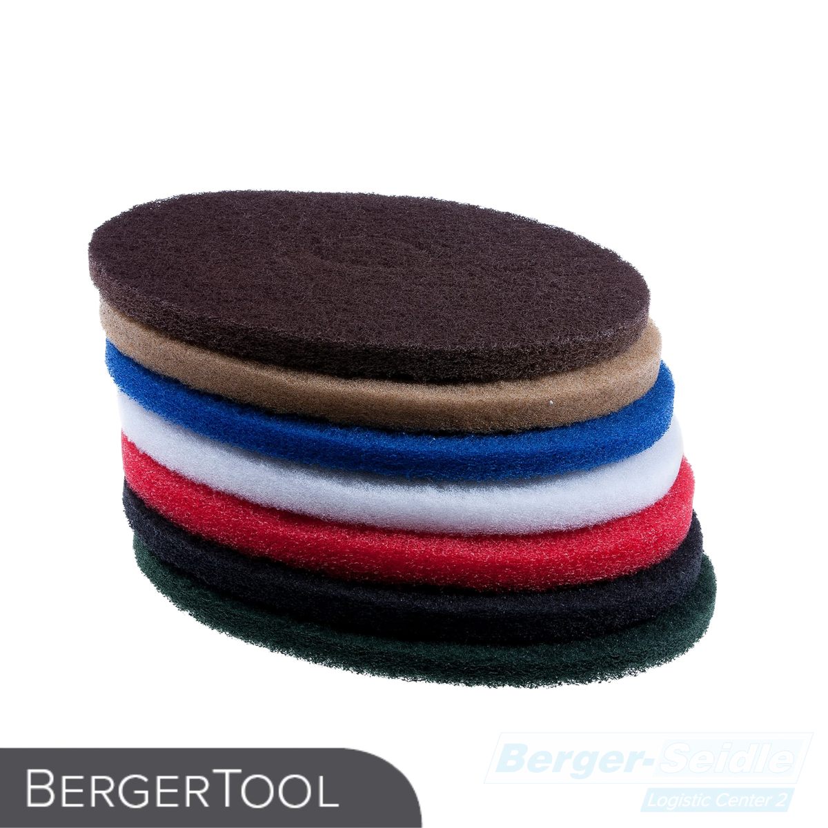 Ein Stapel runder Schleifpads in verschiedenen Farben (braun, hellbraun, blau, weiß, rot, grün und schwarz) auf einem weißen Hintergrund. Das Bild enthält die Logos "BERGERTOOL" und "Berger-Seidle".