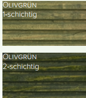 Zwei Bilder von olivgrünen Holzplatten, die mit Terrassenöl Classic Outdoor Oil behandelt wurden. Die obere, "OLIVGRÜN 1-schichtig", ist heller, die untere, "OLIVGRÜN 2-schichtig", wirkt dunkler und gesättigter. Für Holzoberflächen im Außenbereich.