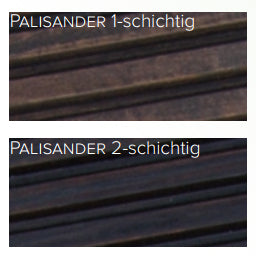 Zwei Nahaufnahmen zeigen Holzoberflächen, die mit "Palisander 1-schichtig" und "Palisander 2-schichtig" beschriftet sind, wobei das obere Bild heller und das untere dunkler ist, was die unterschiedlichen Oberflächenbeschaffenheiten verdeutlicht.