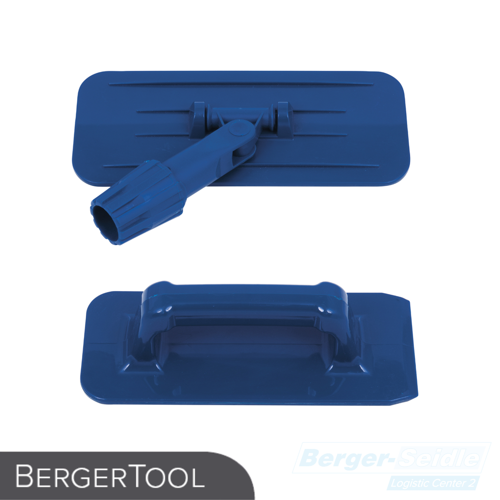 Zwei blaue Kunststoffwerkzeuge: eines mit drehbarem Griff zum Anbringen einer Stange und eines mit festem Griff zur Verwendung mit der Hand. Beide haben eine rechteckige flache Basis. Die Logos von BergerTool und Berger-Seidle sind sichtbar.