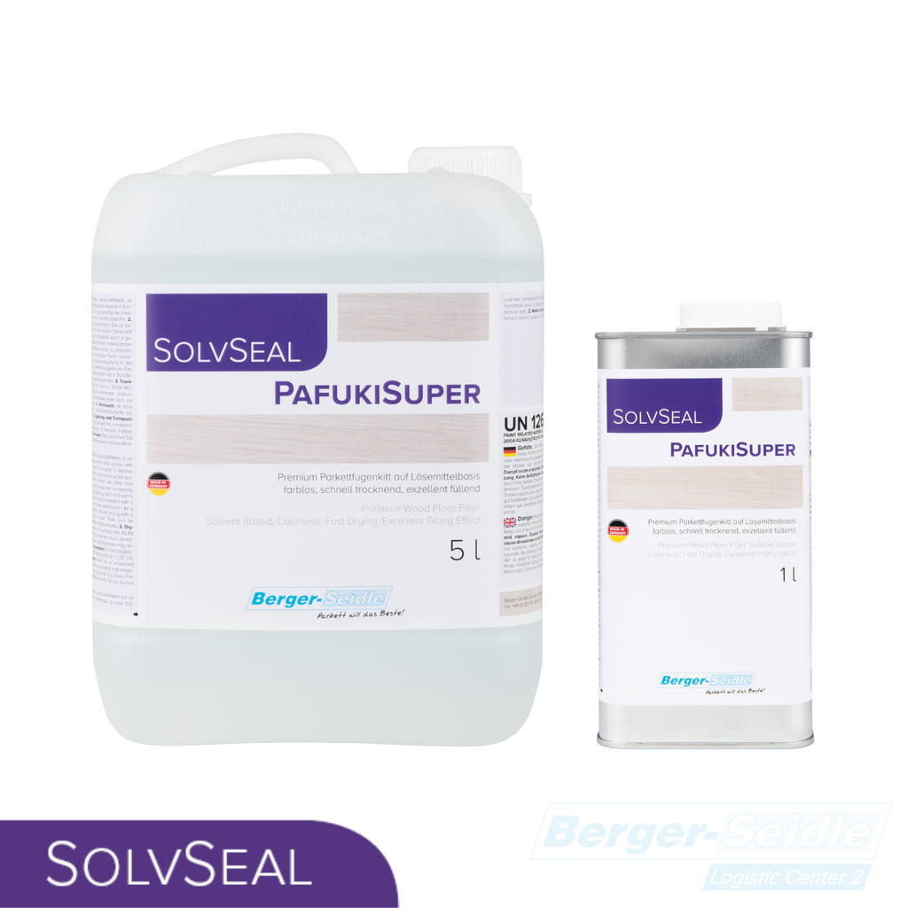 Zwei Behälter mit SolvSeal PafukiSuper für Holzfußböden, ein 5-Liter-Kunststoffkrug und eine 1-Liter-Metalldose, beide mit lila und weißen Etiketten, nebeneinander auf weißem Hintergrund.