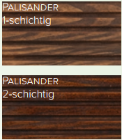 Zwei Holzplatten mit der Aufschrift "Palisander": Die "1-schichtig"-Platte zeigt ein helleres Braun, während die sattere "2-schichtig"-Platte ideal zum Hervorheben und Schützen mit Terrassenöl Classic Outdoor Oil farblos/Color für Holzflächen im Außenbereich ist.