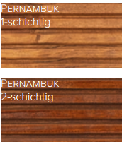 Zwei "Pernambuk"-Holzplatten zeigen Terrassenöl Classic Outdoor Oil farblos/color auf Outdoor-Holz. Die hellere Oberseite ist "1-schichtig", die dunklere Unterseite ist "2-schichtig". Beide haben horizontale Rillen, die die Farbwirkung des Öls hervorheben.