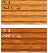 Zwei Holzmuster mit der Aufschrift "Pinie". Die Oberseite, gekennzeichnet mit "1-schichtig", ist heller mit dezenten Streifen. Die untere, die mit Terrassenöl Classic Outdoor Oil farblos/Color für Holz im Außenbereich behandelt wurde und mit "2-schichtig" gekennzeichnet ist, erscheint dunkler mit ausgeprägten Streifen.