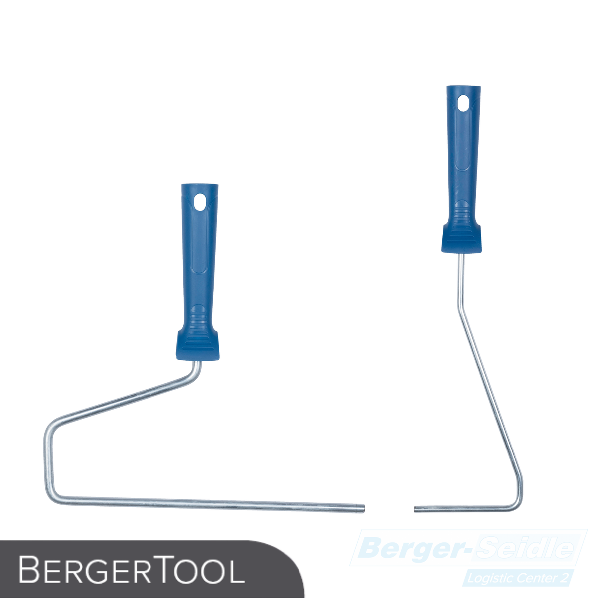 Zwei Farbrollerrahmen mit blauen Kunststoffgriffen sind vor einem weißen Hintergrund abgebildet. Ein Rahmen ist horizontal ausgerichtet, während der andere vertikal positioniert ist. In der unteren linken Ecke steht "BERGERTOOL".