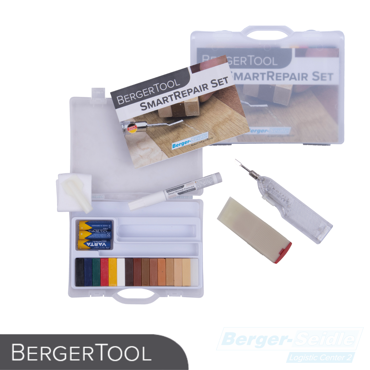 Ein Kunststoffkoffer, der ein BERGERTOOL SmartRepair Set mit farbigen Wachsblöcken, einem Polierwerkzeug, einer kleinen Flasche, einem Pinsel, einem Kunststoffspachtel und einer Anleitung für die Holzreparatur enthält.