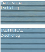 Zwei Bilder zeigen horizontale Abstellgleise, die mit "TAUBENBLAU" Terrassenöl Classic Outdoor Oil für Holzflächen im Außenbereich beschichtet sind. Das obere Bild ("1-schichtig") ist heller und ungleichmäßig; das untere ("2-schichtig") erscheint dunkler und gleichmäßiger.