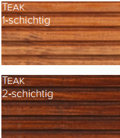 Zwei Holzoberflächen mit der Bezeichnung "TEAK": Die Oberseite, "1-schichtig", ist heller mit dezenter Maserung; die Unterseite, zweimal mit Terrassenöl Classic Outdoor Oil farblos/Color beschichtet, wirkt dunkler und farbintensiver.