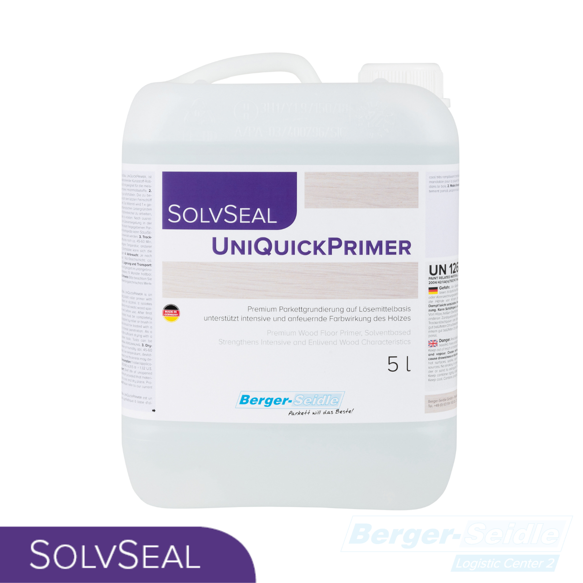 Ein 5-Liter-Behälter SolvSeal UniQuickPrimer von Berger-Seidle mit einem weißen Etikett mit violetten Akzenten und Produktinformationen, der für die Grundierung von Holzböden entwickelt wurde.