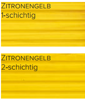 Zwei gelbe Farbfelder mit der Aufschrift "ZITRONENGELB" zeigen Terrassenöl Classic Outdoor Oil: Das obere ("1-schichtig") ist mit einem Anstrich heller, während das untere ("2-schichtig") mit zwei Anstrichen auf Holzoberflächen im Außenbereich tiefer ist.