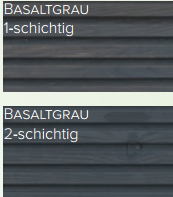Zwei Holzplatten mit der Aufschrift "BASALTGRAU" zeigen die Ergebnisse von Terrassenöl Classic Outdoor Oil: Die obere Platte mit einem Anstrich ist ein helleres Grau, während die untere Platte mit zwei Anstrichen einen satteren, tieferen Farbton auf Holzoberflächen im Außenbereich zeigt.