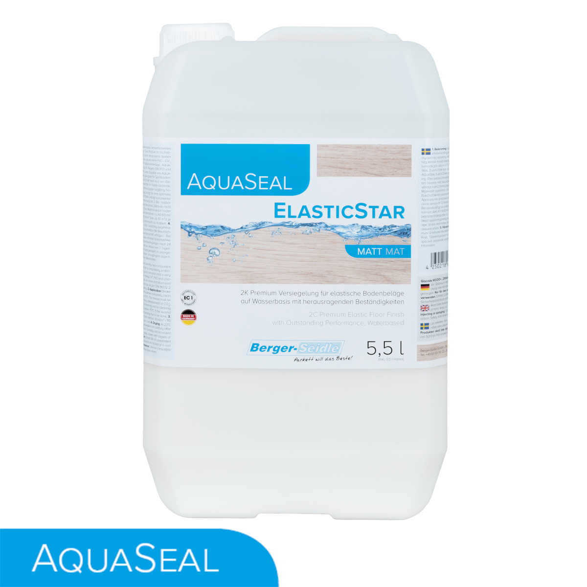 Ein 5,5-Liter-Behälter mit Bodenversiegelung AquaSeal ElasticStar 2-K Siegel für PVC Boden, Design- oder Linoleumboden von Berger-Seidle, mit einem blau-weißen Etikett mit Wassermotiven, Produktinformation und Branding.