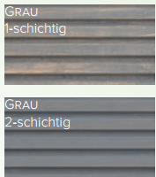 Zwei Bilder zeigen horizontale Metallflächen, die mit grauem Terrassenöl Classic Outdoor Oil für Holzflächen gestrichen wurden: "GRAU 1-schichtig" (1 Anstrich) wirkt weniger gleichmäßig, während GRAU 2-schichtig" (2 Anstriche) glatter und einheitlicher erscheint.