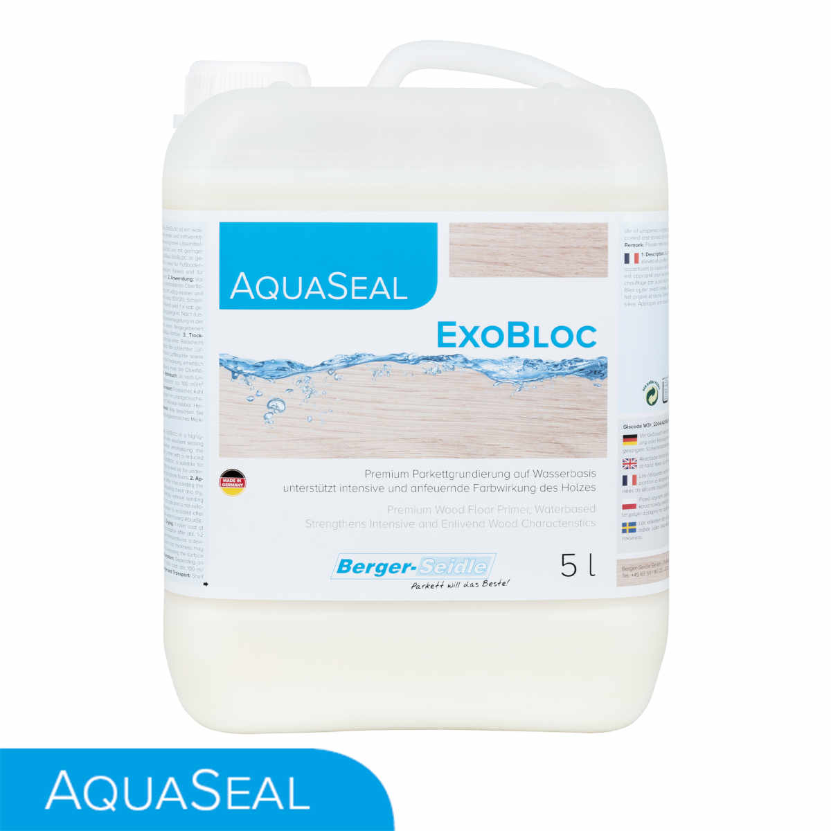 Ein 5-Liter-Kunststoffbehälter der Holz Versiegelung AquaSeal ExoBloc wasserbasierte Grundierung, mit einem blau-weißen Etikett mit Holzstrukturen und mehrsprachigen Produktinformationen, wird für die Grundierung von Holzoberflächen verwendet.