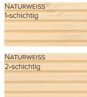 Zwei Holzproben mit der Bezeichnung "NATURWEISS" wurden mit Terrassenöl Classic Outdoor Oil farblos behandelt: Die obere Probe hat eine Schicht und sieht heller aus, während die untere Probe zwei Schichten hat und dadurch eine kräftigere Farbe aufweist. Bei beiden Mustern ist die Holzmaserung deutlich zu erkennen.