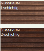 Zwei Holzmuster mit der Bezeichnung "Nussbaum": das hellere "1-schichtig" und das dunklere, sattere "2-schichtig", beide mit horizontaler Maserung. Terrassenöl Classic Outdoor Oil farblos/Color unterstreicht diese natürlichen Farbtöne auf Holzoberflächen im Außenbereich.