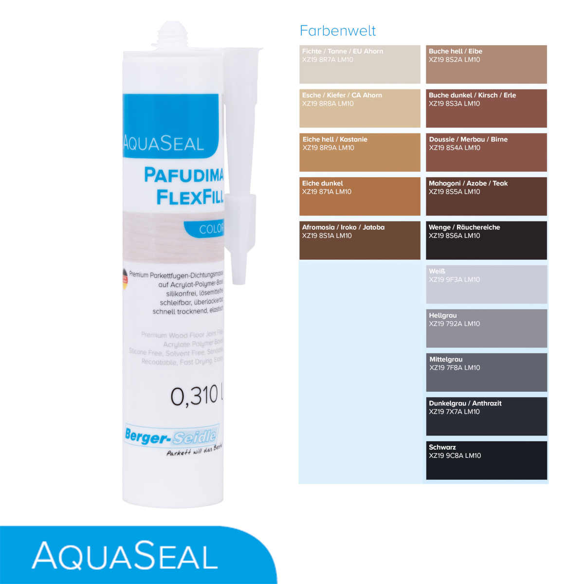 Auf der linken Seite ist eine weiße 310ml Kartusche Parkettfugen Dichtmittel AquaSeal Pafudima FlexFill Color flexibel und schleifbar. Auf der rechten Seite wird eine Farbkarte mit 12 Farbtönen und Codes angezeigt, mit dem AquaSeal-Logo am unteren Rand.