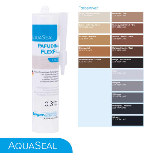 Auf der linken Seite ist eine weiße 310ml Kartusche Parkettfugen Dichtmittel AquaSeal Pafudima FlexFill Color flexibel und schleifbar. Auf der rechten Seite wird eine Farbkarte mit 12 Farbtönen und Codes angezeigt, mit dem AquaSeal-Logo am unteren Rand.