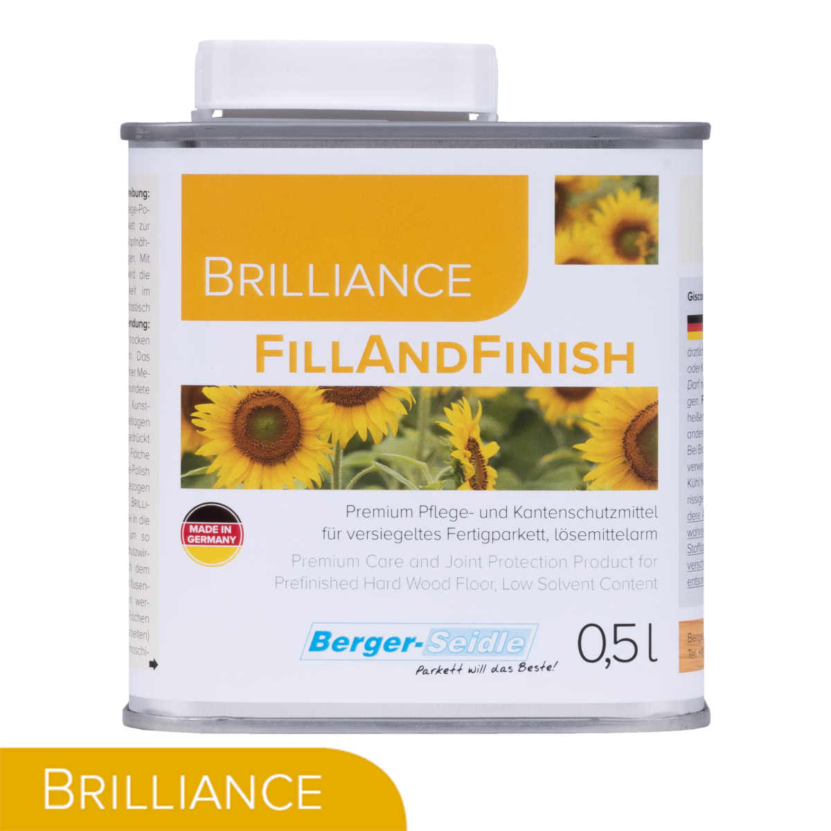 Eine 0,5L Dose Parkettpflege Brilliance Fill-and-Finish Erstpflege und Versiegelung von Parkettkanten, mit Sonnenblumenetikett, ideal für die Parkettpflege und den Fugenschutz. Anleitung in Deutsch und Englisch.