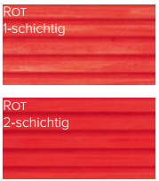 Zwei rechteckige Muster von rot gestrichenem Holz, das mit Terrassenöl Classic Outdoor Oil behandelt wurde: Das obere, "Rot 1-schichtig", erscheint heller, das untere, "Rot 2-schichtig", ist dunkler und satter.