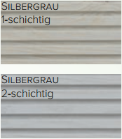 Zwei Bilder von horizontalem Siding mit der Bezeichnung "SILBERGRAU 1-schichtig" (oben) und "SILBERGRAU 2-schichtig" (unten) zeigen, wie Terrassenöl Classic Outdoor Oil farblos/Color für Holzflächen im Außenbereich mit jedem Anstrich die Farbintensität verändert.